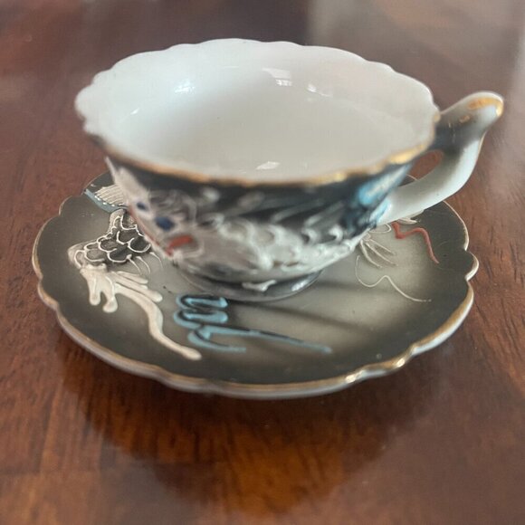 Minature Japanese Porcelain Dragonware Moriage Tea Cup Saucer Raised Dragon! - Picture 1 of 7